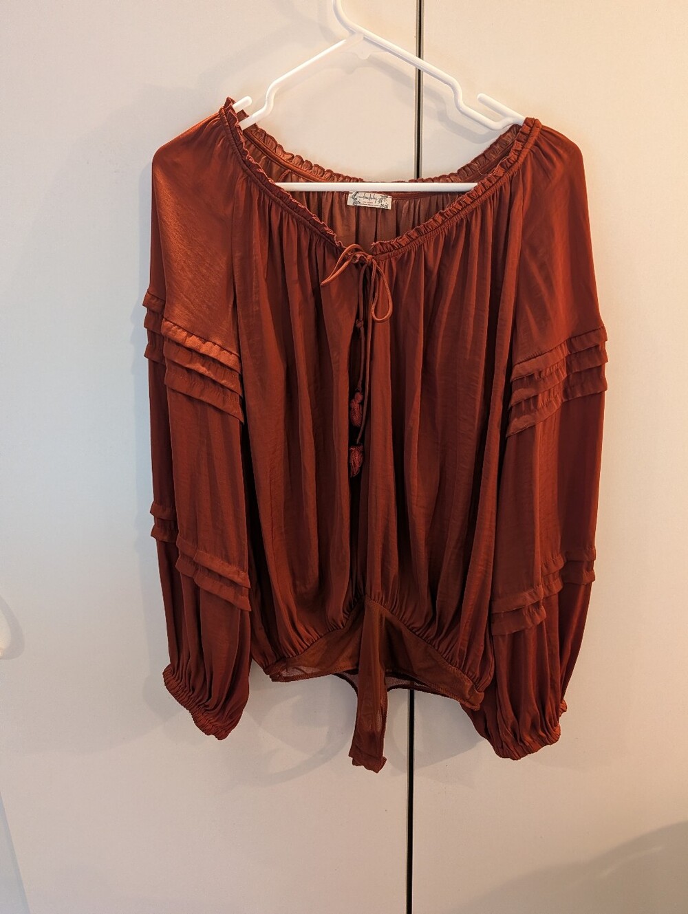 Intimately Free People Rust Peasant Blouse Bodysuit with Tie Neck